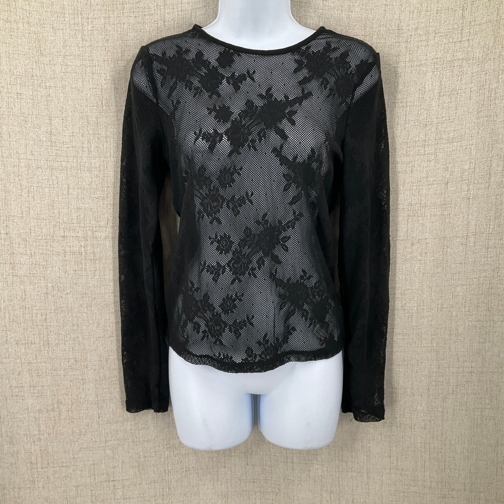 GAP Mesh Top Women Medium Black Floral Lace Sheer Whimigoth Goth Grunge Edgy